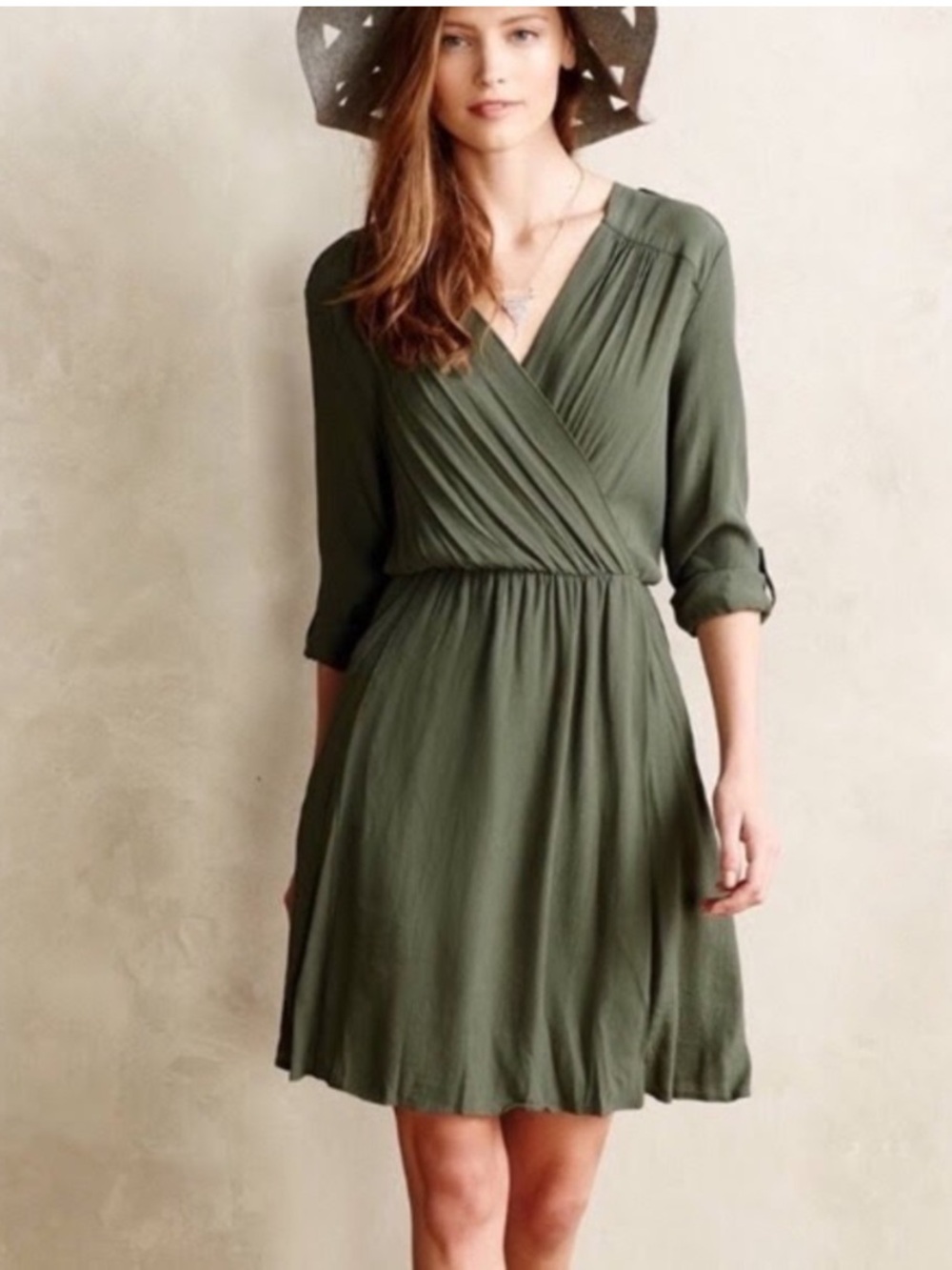 Anthropologie Maeve Olive Green Long Sleeve Wrap Dress with Pockets Army Green L